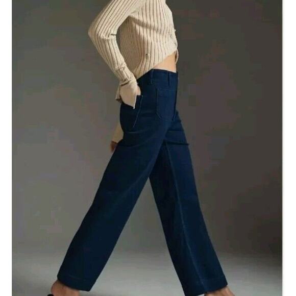 Anthropologie Colette Crop Pants Wide Leg Maeve Dark BLUE Denim Navy Sz 30 - Picture 2 of 6